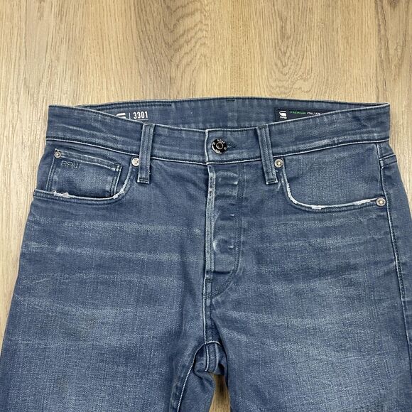 G-Star RAW 3301 Slim Jeans Mens 32x30 Blue Distressed Repair Italian Fabric - Picture 2 of 15